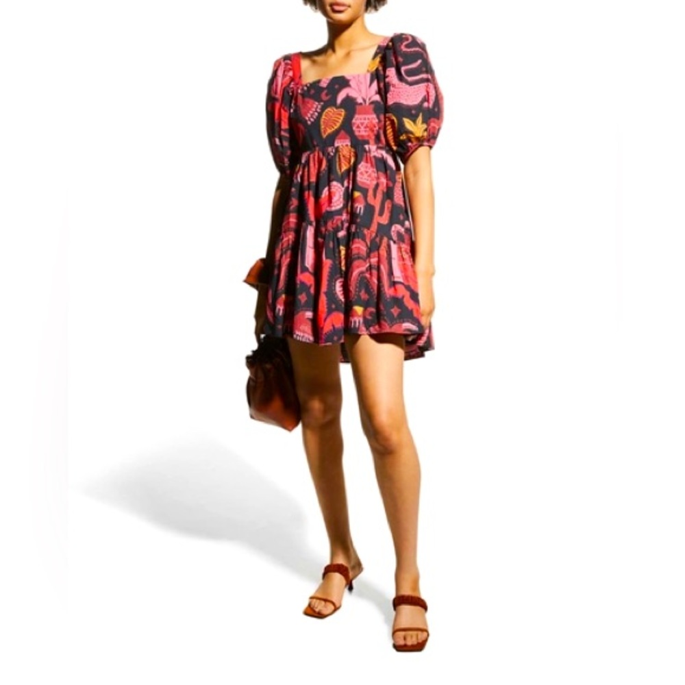 FARM Rio Pink and Black Printed Puff-Sleeve Mini Dress